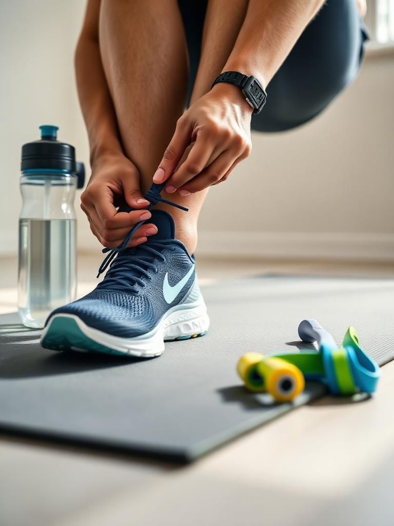 persona atándose las zapatillas deportivas en esterilla de entrenamiento junto a pesas y botella de agua