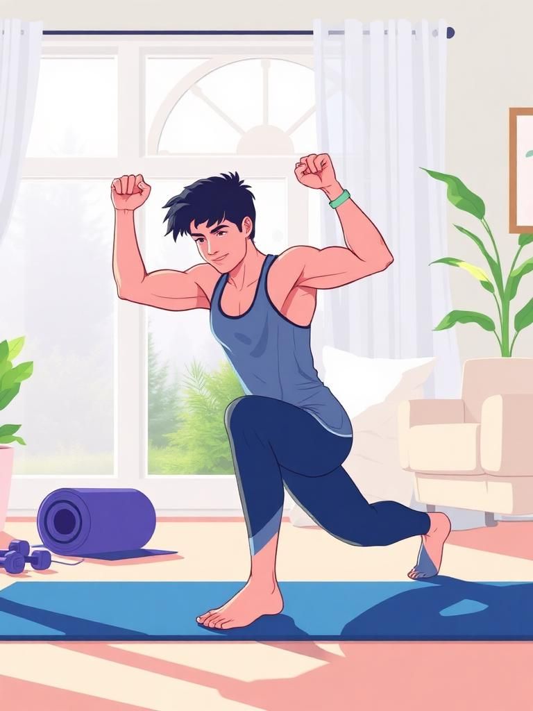 Persona entrenando en casa con esterilla, mancuernas y bandas elásticas